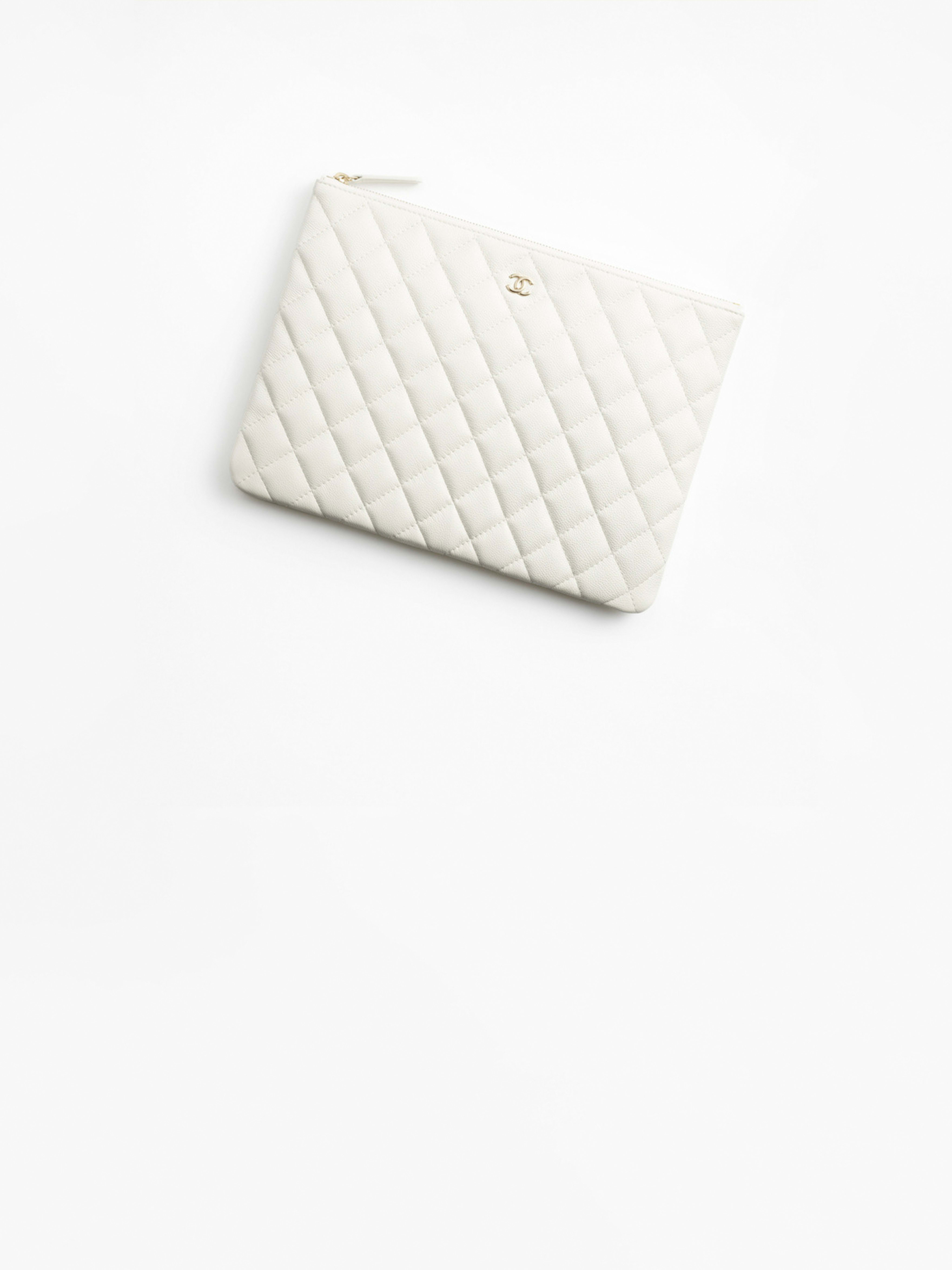 Classic Zipped Pouch - White - Grained Shiny Calfskin & Gold-Tone Metal - artistique view 1 large